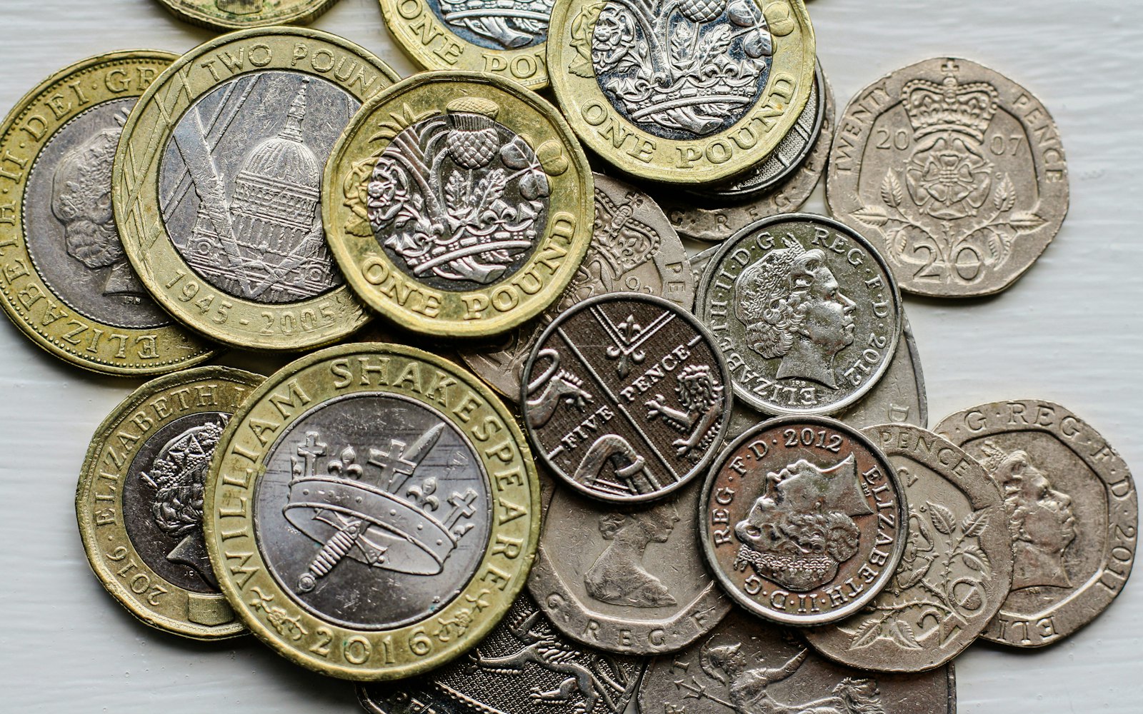Pile of British pound coins