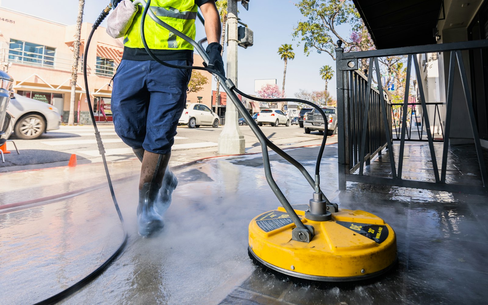 Worker in hi-vis pressure washing paving