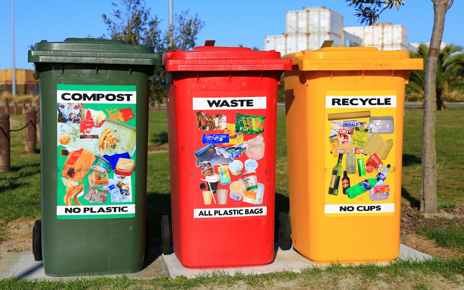 Recycling bins in different colours